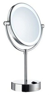 SMEDBO OUTLINE POLISHED CHROME BATHROOM 5x MAGNIFYING ROUND FREE STANDING LED SHAVING/MAKE-UP MIRROR, FK474E